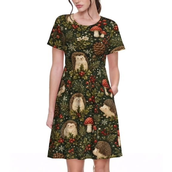 Hedgehog Christmas Dresses Short Sleeve Nightdresses for Women
