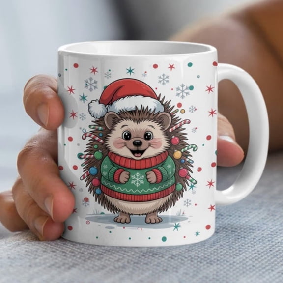 Hedgehog Cistmas Mug, Santa Hat, Feffee Mug.