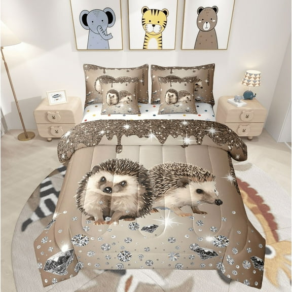 Hedgehog Comforter Set 7 Piece Bed in a Bag Twin,Beige Brown Sequin Fluid Art Comforter and Sheet Set,Crystal Diamond Bedding Set,Animal Bed Set Jungle Wildlife Room Decor