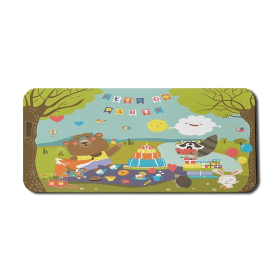 Hedgehog Computer Mouse Pad, Woodland Party with Comical Cartoon Characters Bear Bunny and Raccoon Happiness, Rectangle Non-Slip Rubber Mousepad X-Large, 35" x 15", Multicolor, by Ambesonne