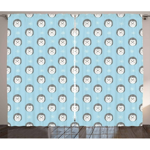 Ambesonne Hedgehog Curtains 2 Panel Set, Smiling Animal Daisies, 108" x 90", Pale Blue Grey White