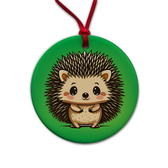 Hedgehog Cute Christmas Tree Holiday Round Ceramic Ornament