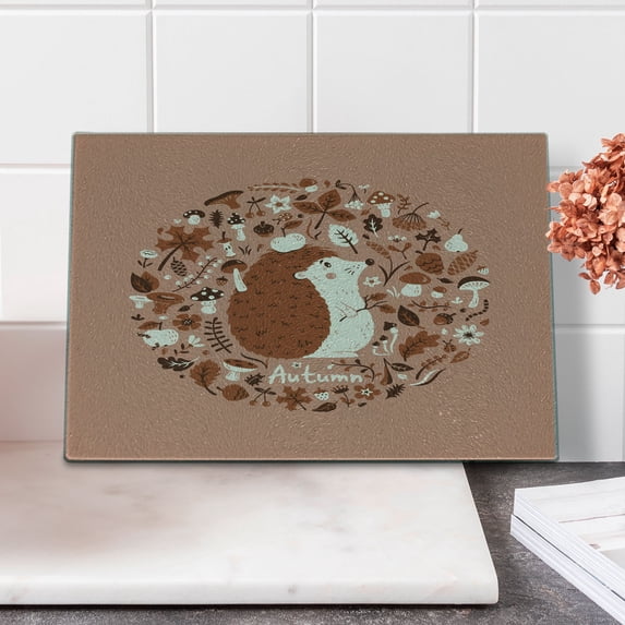 Hedgehog Cutting Board, Autumn Theme Animal Image with Many Season Elements Pine Cone Leaves Soft Colors, Decorative Tempered Glass Cutting and Serving Board, Small Size, Coral Brown, by Ambesonne