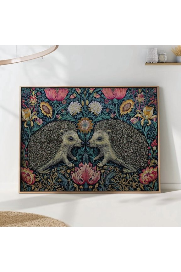 Hedgehog Dark Floral Wall Art Print - William Morris Inspired Arts and Crafts Poster Decor Size 24x36 Unframed Poster