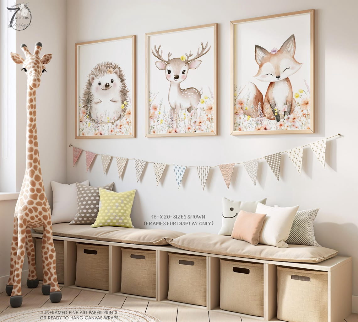 Hedgehog Deer Fox Wildflower Prints Set Of 3, Woodland Girls Nursery ...