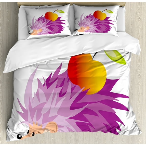 Hedgehog Duvet Cover Set Queen Size, Abstract Animal an Apple Cartoon Style Drawing Funny Caricature of Nature, Decorative 3 Piece Bedding Set with 2 Pillow Shams, Violet Orange Green, by Ambesonne