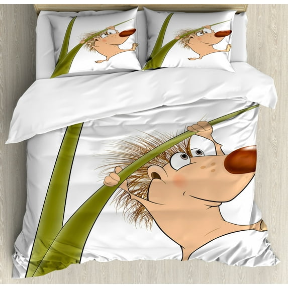 Hedgehog Duvet Cover Set Queen Size, Naked Cute Small Animal Cartoon Soft Color Scheme Wildlife Nature Humor Image, Decorative 3 Piece Bedding Set with 2 Pillow Shams, Tan Brown Green, by Ambesonne