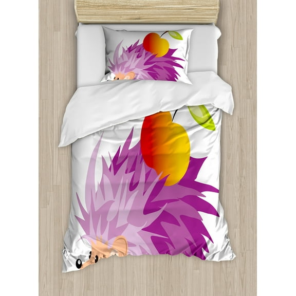 Hedgehog Duvet Cover Set Twin Size, Abstract Animal an Apple Cartoon Style Drawing Funny Caricature of Nature, Decorative 2 Piece Bedding Set with 1 Pillow Sham, Violet Orange Green, by Ambesonne