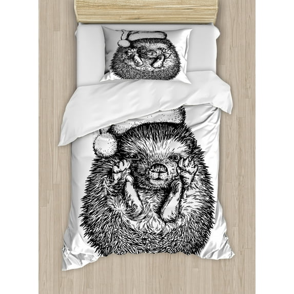 Hedgehog Duvet Cover Set Twin Size, Monochrome Hedgehog with Winter Attire Funny Hat Cute Animal Fauna Image Print, Decorative 2 Piece Bedding Set with 1 Pillow Sham, Black White, by Ambesonne