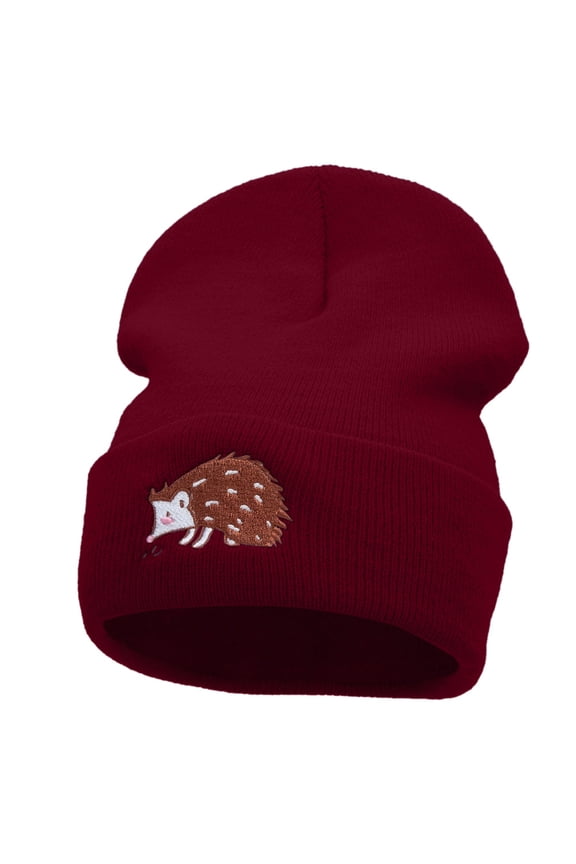 Hedgehog Embroidered 12 Inch Long Knitted Beanie - Maroon OSFM