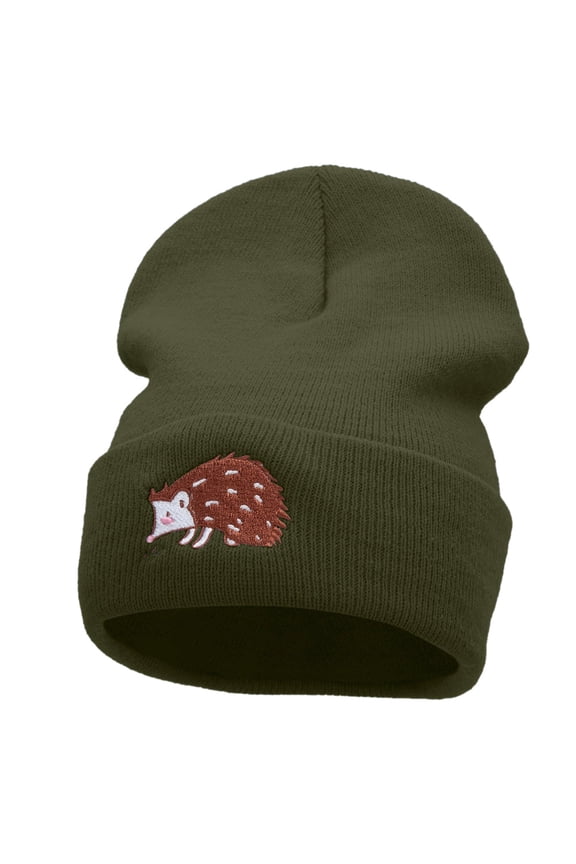 Hedgehog Embroidered 12 Inch Long Knitted Beanie - Olive OSFM