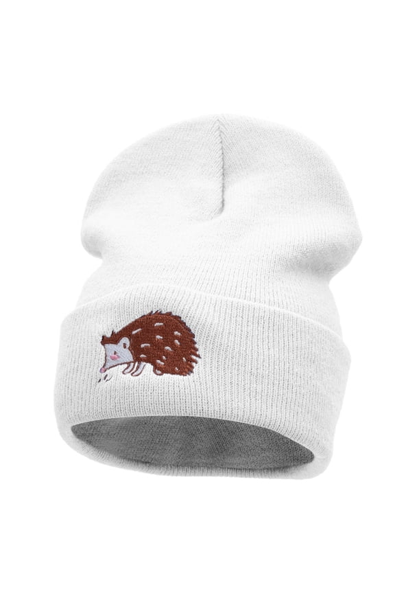 Hedgehog Embroidered 12 Inch Long Knitted Beanie - White OSFM