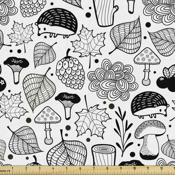 Ambesonne Hedgehog Fabric by the Yard Upholstery, Ecological Woodland, 3 Yards, Black White