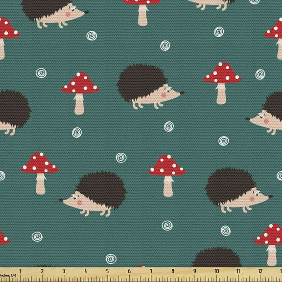 Ambesonne Hedgehog Fabric by the Yard Upholstery, Forest Life Mushrooms, 2 Yards, Multicolor