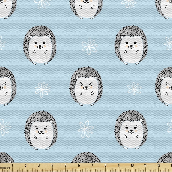 Ambesonne Hedgehog Fabric by the Yard Upholstery, Smiling Animal Daisies, 10 Yards, Pale Blue Grey White