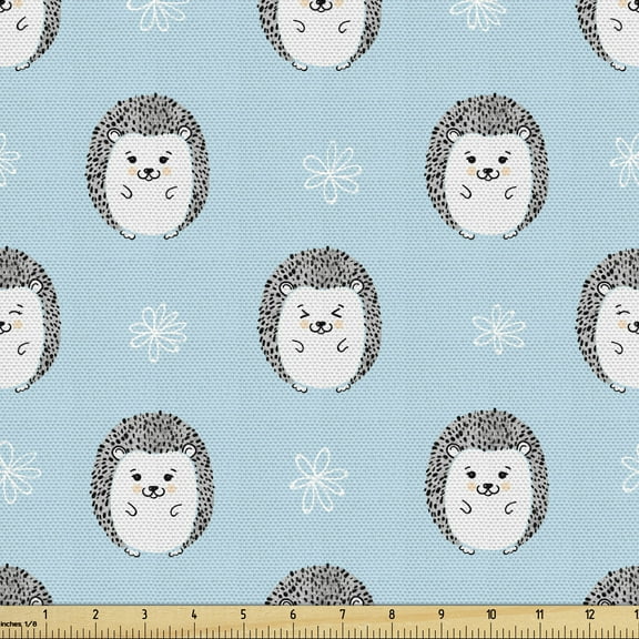 Ambesonne Hedgehog Fabric by the Yard Upholstery, Smiling Animal Daisies, 5 Yards, Pale Blue Grey White