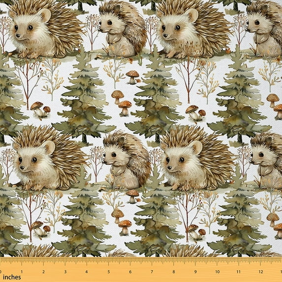 Hedgehog Fabric By The Yard,Watercolor Branch Leaves Upholstery Fabric,Jungle Pine Trees Decorative Fabric,Woodland Wildlife Animal Indoor Outdoor Fabric Natural Mushroom Decor,1 Yard