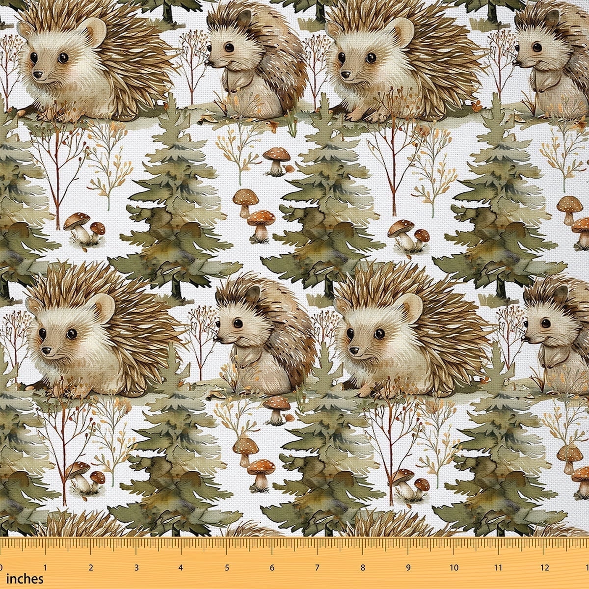 Hedgehog Fabric By The Yard,Watercolor Branch Leaves Upholstery Fabric,Jungle Pine Trees Decorative Fabric,Woodland Wildlife Animal Indoor Outdoor Fabric Natural Mushroom Decor,5 Yards