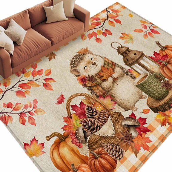 Hedgehog Fall Area Rug 5x8 Washable Rug Non Slip Thanksgiving Pine Cones Maple Rustic Plaid Large Area Rug Soft Stainresistant Indoor Floor Carpet for Living Room Bedroom Office Dining Room Nursery