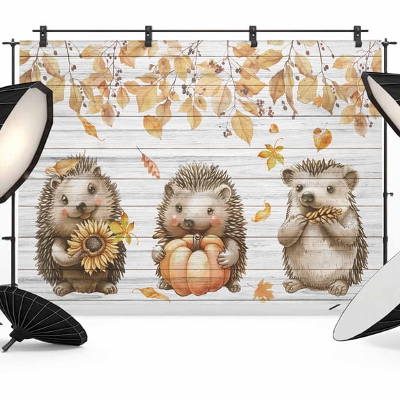 Hedgehog Fall Backdrop for Photoshoot,Photography Photo Studio Background Wall Backdrop,Thanksgiving Pumpkins Maple Leaf Wooden Back Drop Banner Panel for Portraits Wedding Party Live Streaming 7x5Ft