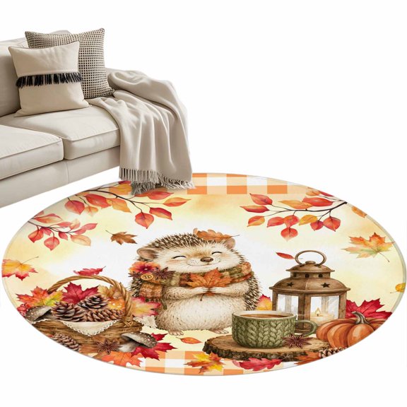 Hedgehog Fall Round Rug 3ft Washable Circle Entryway Rugs Non Slip Thanksgiving Pine Cones Maple Orange Plaid Area Rug Indoor Floor Carpet for Bedroom Kitchen Living Room Office Dining Room Nursery