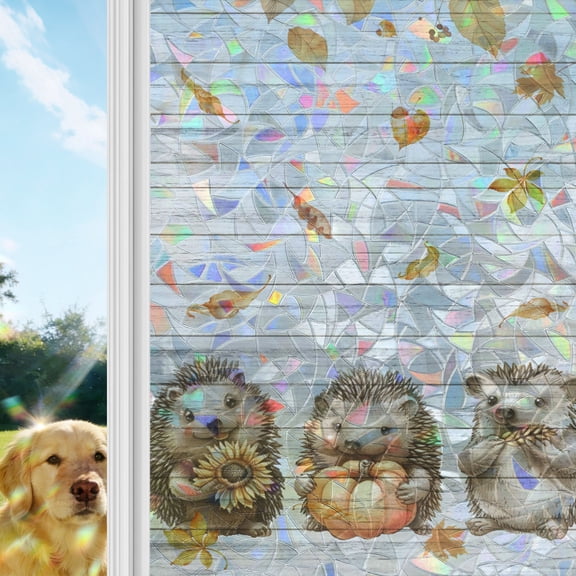 Hedgehog Fall Window Privacy Film Stain Glass,Reusable Decorative Rainbow Window Film,Thanksgiving Pumpkins Maple Leaf Wooden Static Cling Sun Blocking Stickers Decals Covers 17.7" x 39.3" (2pcs)
