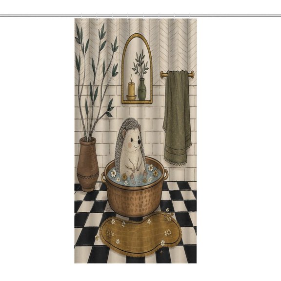 Hedgehog Flower Bath Copper Basin Hand Drawn Illustration Print Shower Curtain,Cloth Fabric Waterproof Polyester Bathroom Home Decor Set with Hooks