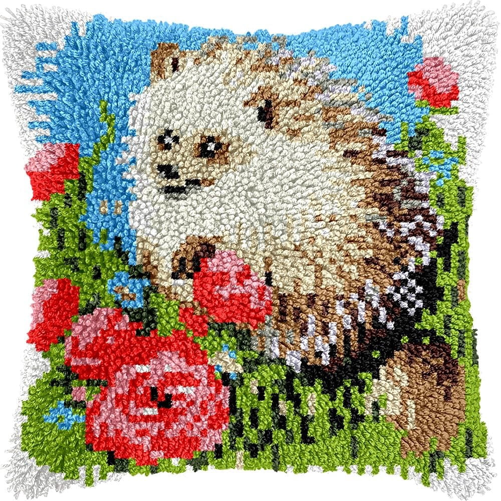 Hedgehog & Flowers Latch Hook Kits Pillow kits Cushion Throw Pillow Embroidery Craft Kits DIY Kits of DIY Hooking Pillowcase Cover Supplier with Color Printed Canvas 43x43cm (230)