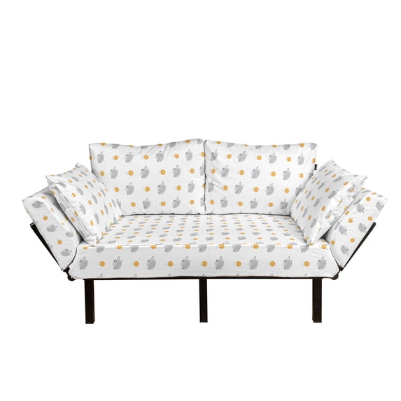 Hedgehog Futon Couch, Sketch Art Mushrooms and Forest Animals with Dots Art, Daybed with Metal Frame Upholstered Sofa for Living Dorm, Loveseat, Pale Orange Pale Grey, by Ambesonne