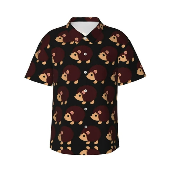 Hedgehog Hawaiian Shirts For Men, Summer Short-Sleeve Relaxed-Fit Button-Down Shirts Large