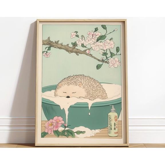 Hedgehog In Bathtub Ukiyo E Wall Art Print, Unframed Paper Poster 24x36in
