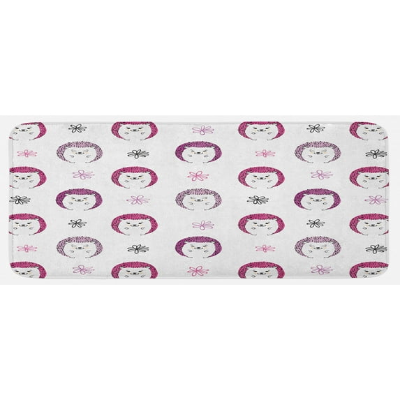 Hedgehog Kitchen Mat, Colorful Spiky Animals with Faces Doodle Flowers Cartoon Style Image, Plush Decorative Kitchen Mat with Non Slip Backing, 47" X 19", Pink Lilac Black, by Ambesonne