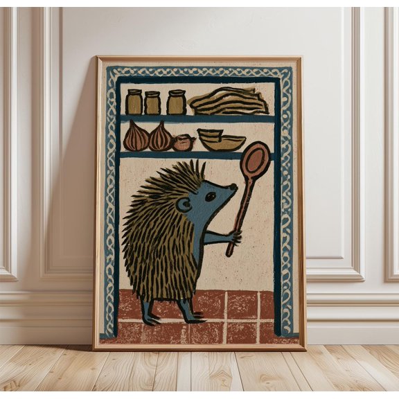 Hedgehog Kitchen Poster, Folk Art Animal Print, Whimsical Wall Art, Cottagecore Decor, Woodland Nursery Artwork, Cute Hedgehog Poster, Poster Only
