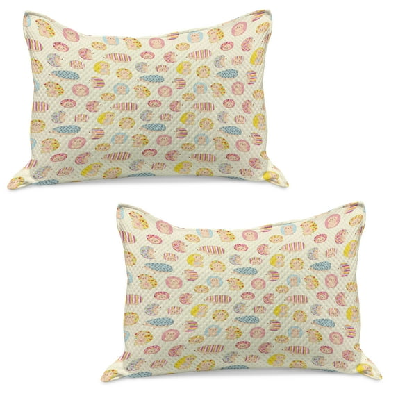 Hedgehog Knitted Quilt Pillowcover Set of 2, Smiling Characters with Dotted Floral and Striped Prints, Standard Queen Pillow Sham Bedroom, 30" x 20", Multicolor, by Ambesonne
