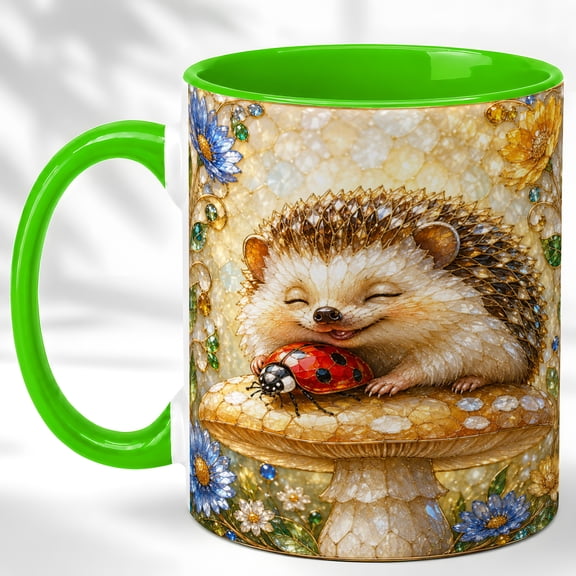 Hedgehog Ladybug Coffee Mug, Woodland Mushroom Mug, Ceramic 11 oz