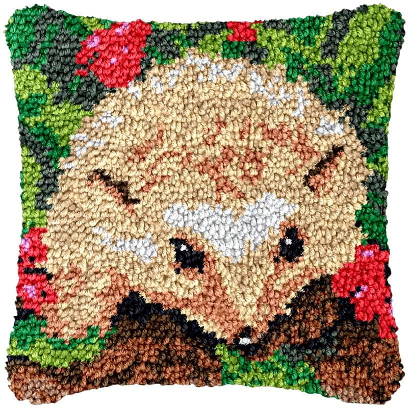 Hedgehog Latch Hook Pillow Cover Kits for Needlework Cushion Throw Pillow Cross Stitch Crochet Hook Pillowcase Rug Kits Printed Canvas Crochet Yarn Kits Needlework 17'' X 17''