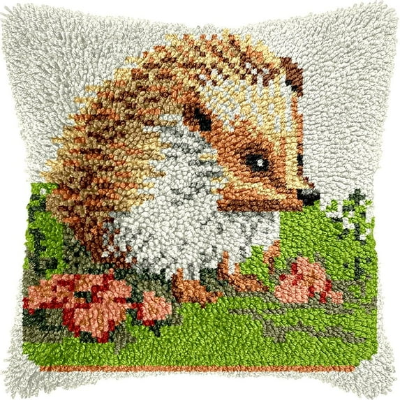 Hedgehog Latch Hook Pillow Kits for DIY Handmade Throw Pillow Cushion Embroidery Latch Hooking Pillowcase Kits with Preprinted Canvas Crochet Yarn Kits 17''X 17''(g17)
