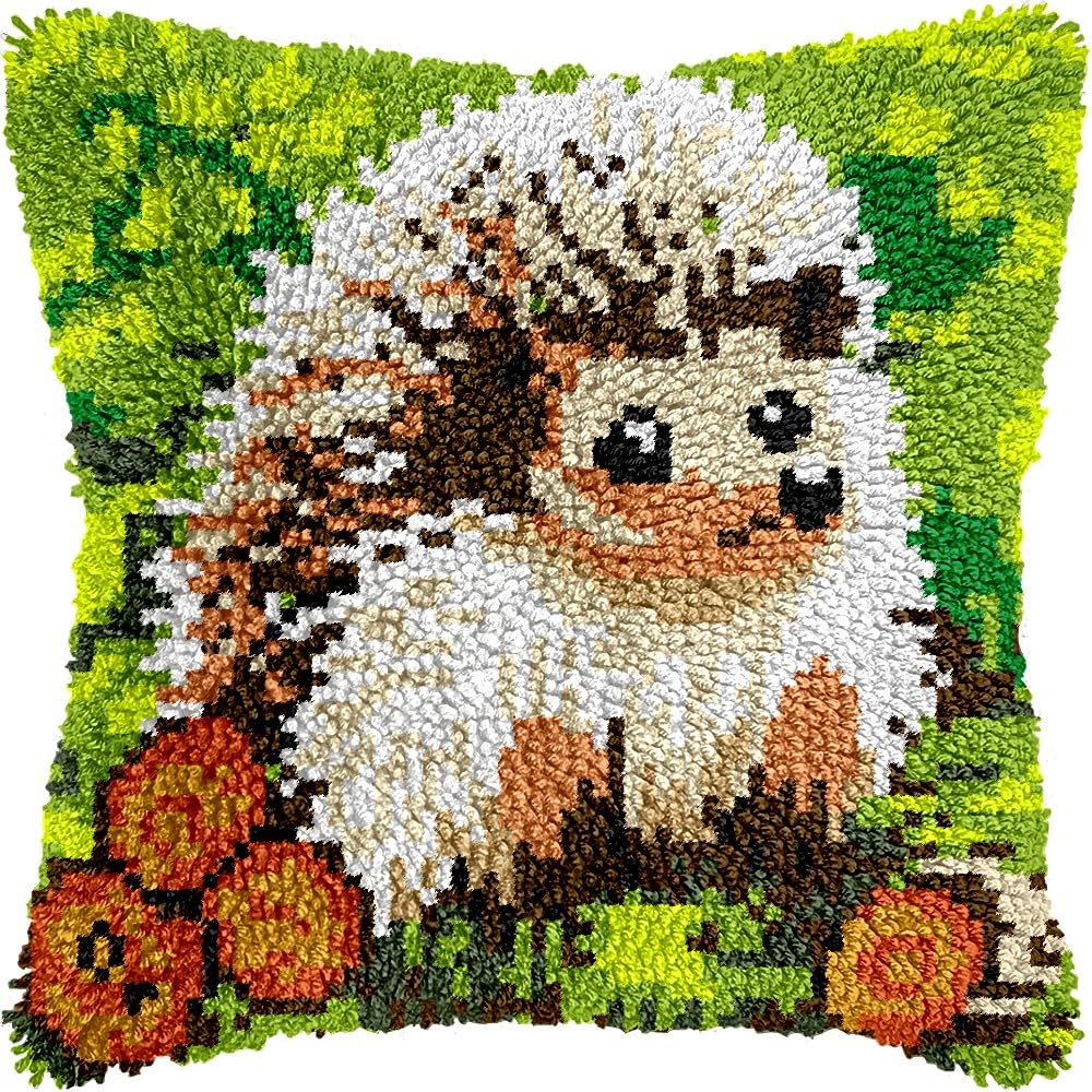 Hedgehog Latch Hook Pillow Kits for DIY Throw Pillow Cushion Embroidery Latch Hooking Pillowcase Kits with Preprinted Canvas Crochet Yarn Kits for Home Decor 17''X 17''(d254)