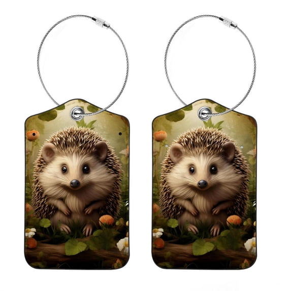 Hedgehog Luggage Tag, Travel Tags, Handbag Tag - Square PU Leather 2 Pack with Privacy Cover and Stainless Steel Ring - Suitable for Travel, Backpack, Handbag [Amazon Approved]