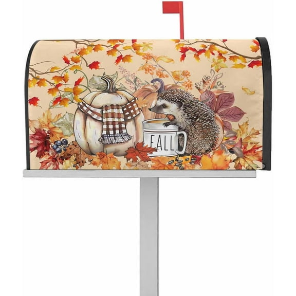 Hedgehog Magnetic Mailbox Covers Standard Size 21x25.5 Inch, Fall Hedgehog Pumpkin Thanksgiving Mailbox Wraps Mailbox Post Cover Maple Leaf Autumn Holiday Mailbox Decor for Outside Garden Yard