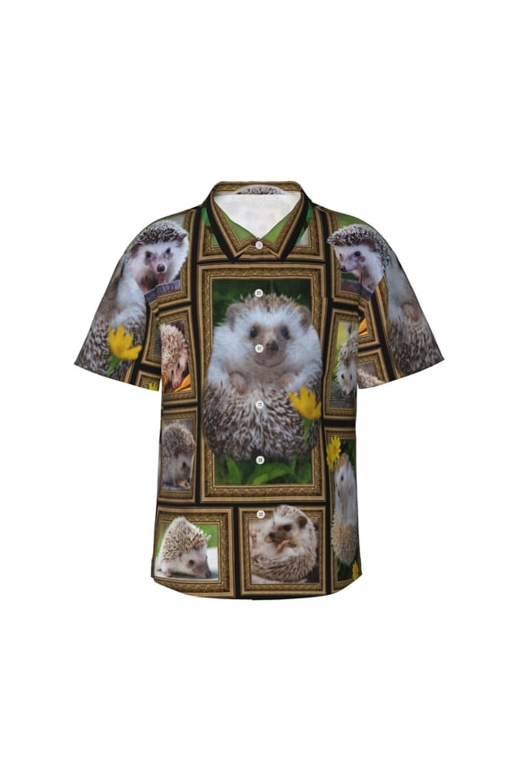 Hedgehog Men'S 3d Print Casual Button Down Shirts, Novelty Hawaiian Short Sleeves Xl