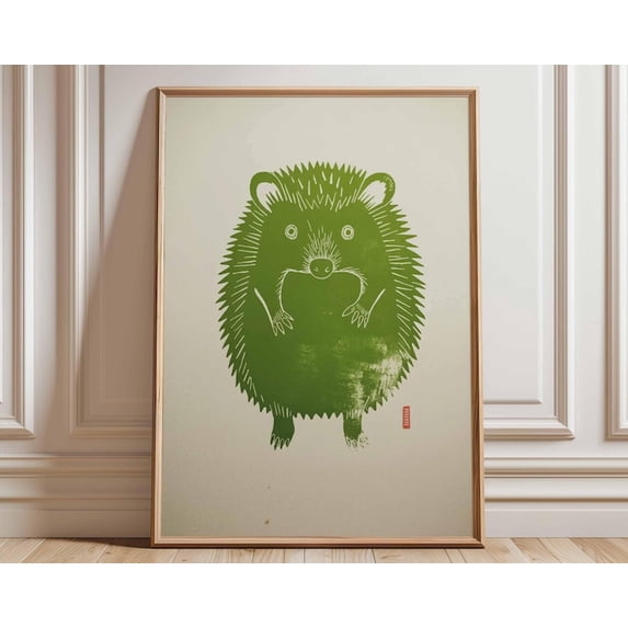 Hedgehog Minimalist Animal Vintage Style Modern Green Hedgehog Wall Art Print, Unframed Paper Poster 11x14in
