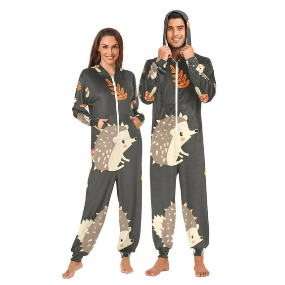 Hedgehog Mushroom Adult Onesie Pajamas Slim Fit Christmas One Piece Suit Pjs for Women and Men Hooded Zipper