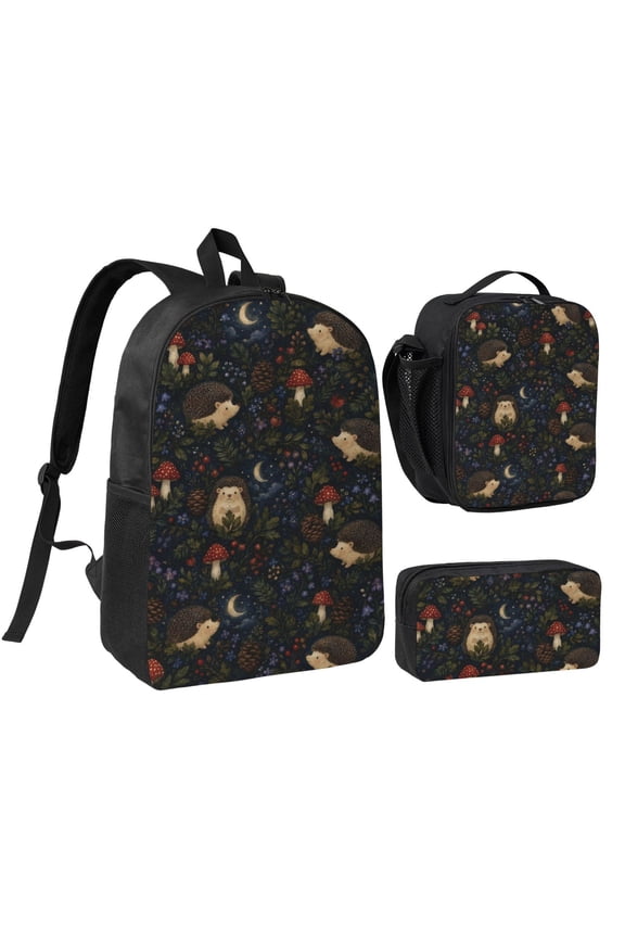 Hedgehog Mushroom Backpack Set 3pc Including Backpack, Lunch Bag and Pen Bag Combination