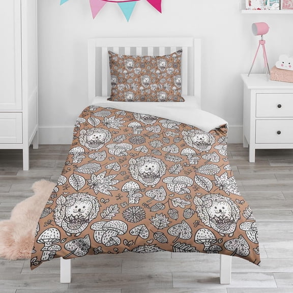 Hedgehog Mushroom Leaves Pattern Duvet Cover and Pillowcase Set for Single Bedding, Bedroom Accessories for Kids Teens