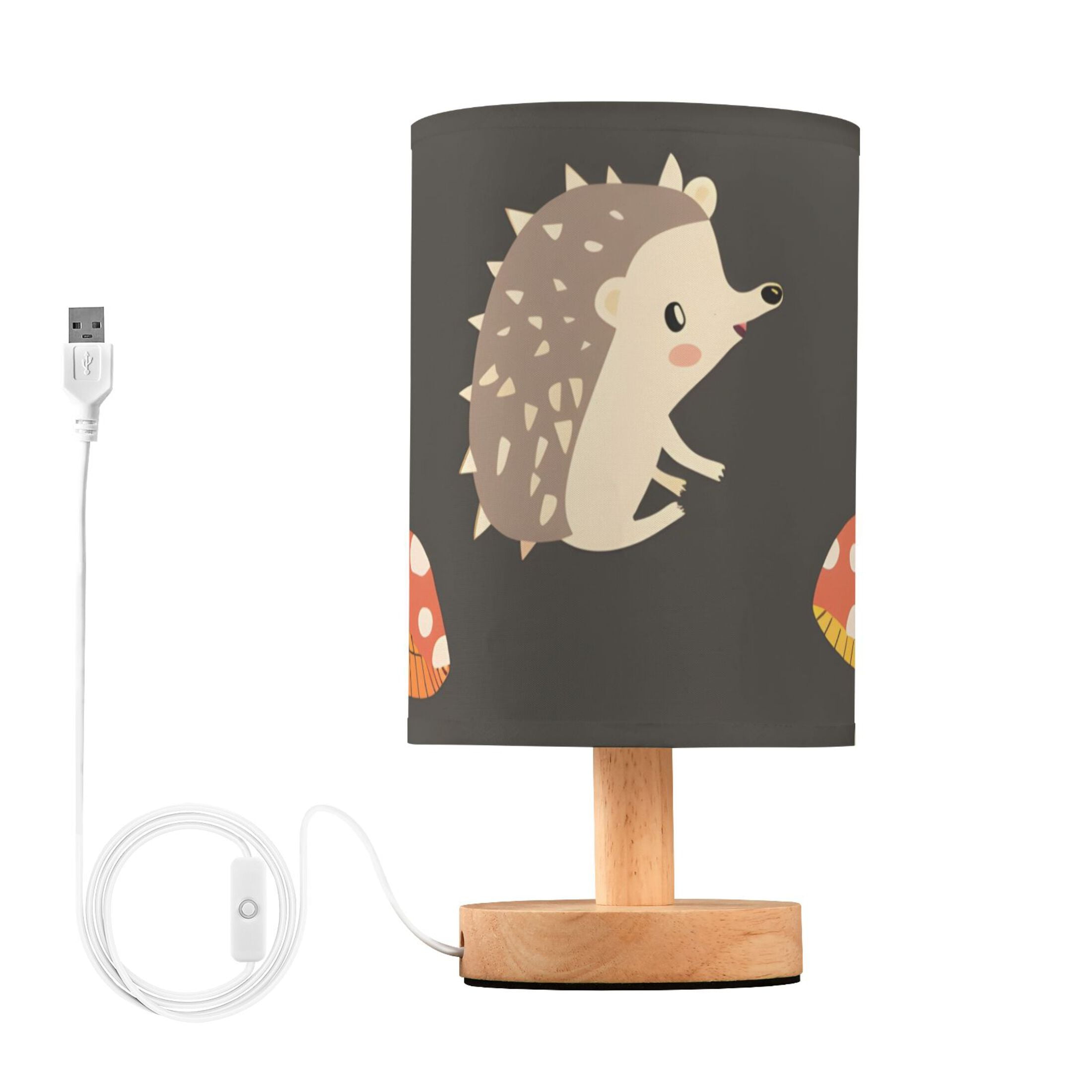 Hedgehog Mushroom Table Lamp USB Bedside Desk Nightstand Lamp Printed Gifts Small Lamp Wood Base for Bedroom Living Room Kids Room College Dorm