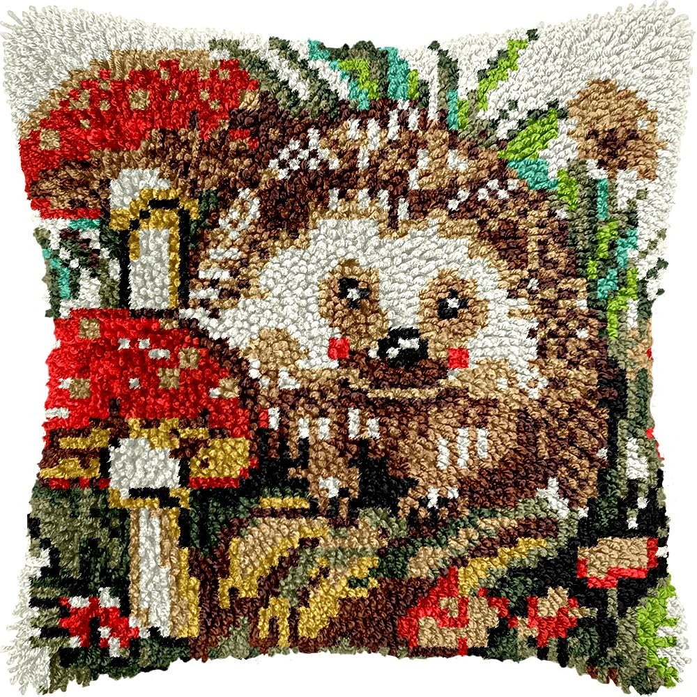 Hedgehog & Mushrooms Latch Hook Pillow Kits Pillow Cover Latch Hook Crafts Crochet Knitted Hooking Pillowcase Cushion Crafts Embroidery Latch Hooking Kits Material Set 17x17 inch(74)