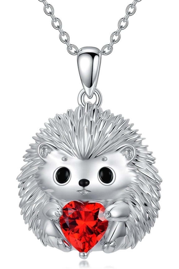 Hedgehog Necklace for Women S925 Sterling Silver Hedgehog Heart Ruby Gemstone Necklace Jewelry Gift for Mother Ladies Her
