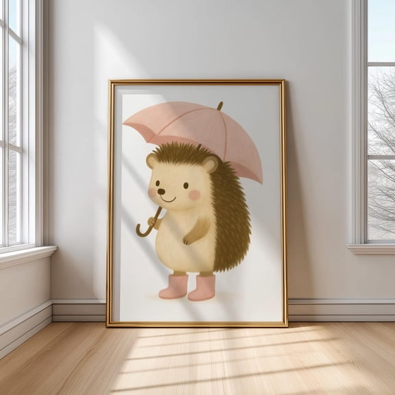 Hedgehog Nursery Art Poster: Woodland Animal With Umbrella, Unframed Poster Size 8x12