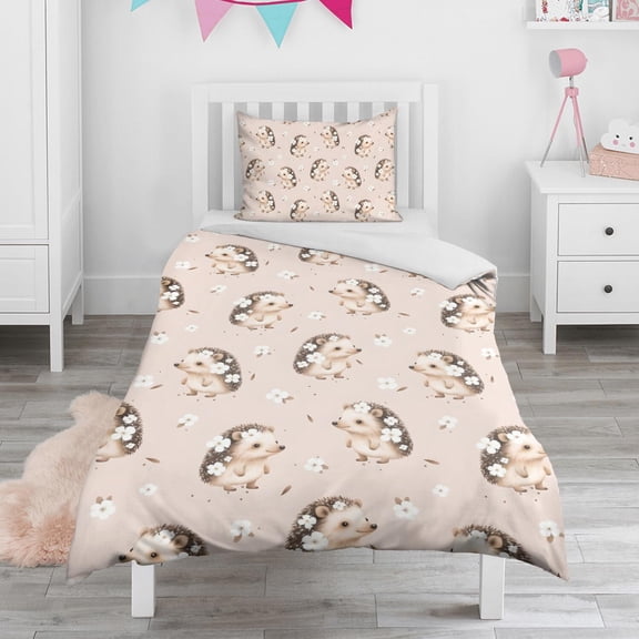 Hedgehog Pattern with Flowers Duvet Cover and Pillowcase Set for Single Bedding, Bedroom Accessories for Kids Teens